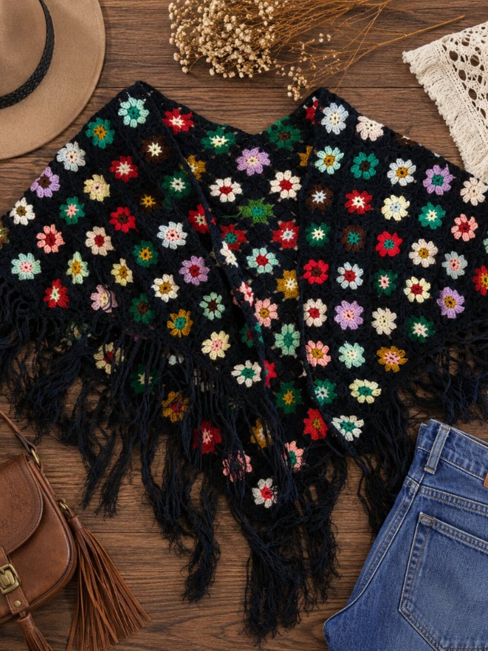 Handmade Granny Square Crochet Fringe Shawl Boho Festival Wrap